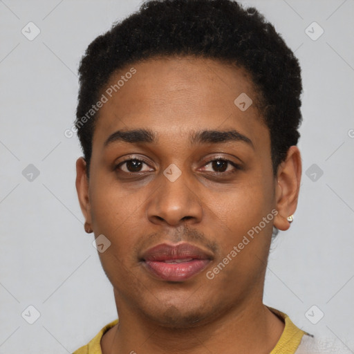 Neutral black young-adult female with short  black hair and brown eyes