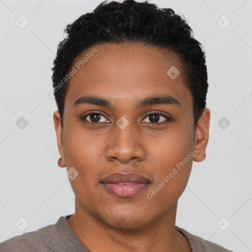 Neutral black young-adult male with short  black hair and brown eyes