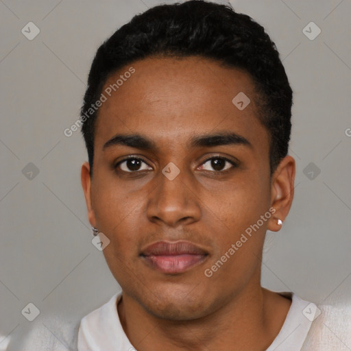 Neutral black young-adult male with short  black hair and brown eyes