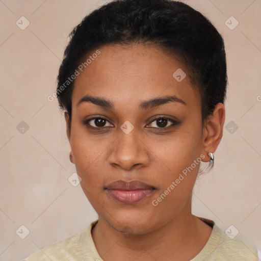 Joyful latino young-adult female with short  black hair and brown eyes