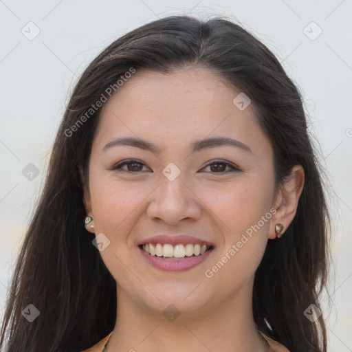 Joyful white young-adult female with long  brown hair and brown eyes