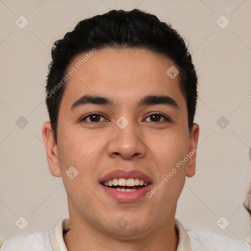 Joyful latino young-adult male with short  brown hair and brown eyes