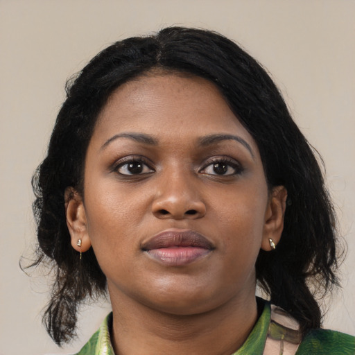 Neutral asian young-adult female with medium  black hair and brown eyes