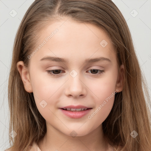 Joyful white child female with long  brown hair and brown eyes