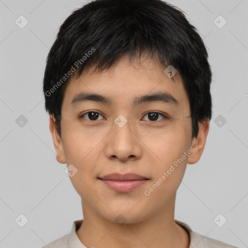 Joyful asian young-adult male with short  black hair and brown eyes