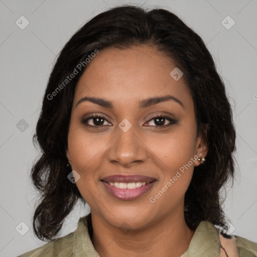 Joyful latino young-adult female with medium  brown hair and brown eyes