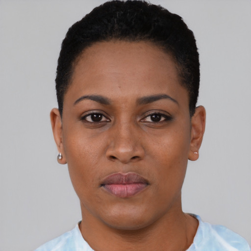 Neutral black young-adult female with short  black hair and brown eyes