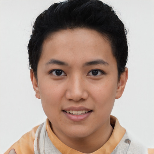 Joyful asian young-adult female with short  black hair and brown eyes