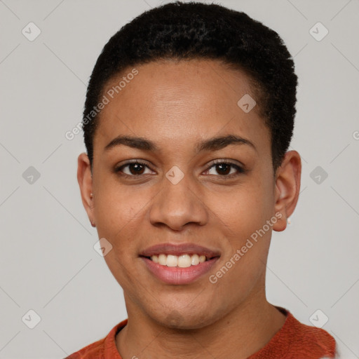 Joyful latino young-adult female with short  brown hair and brown eyes