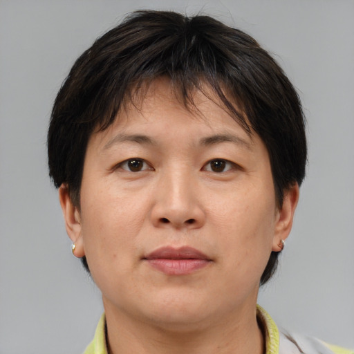 Joyful asian adult female with short  brown hair and brown eyes
