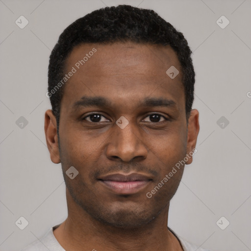 Neutral black young-adult male with short  black hair and brown eyes