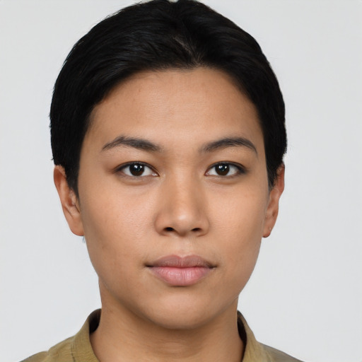 Neutral asian young-adult female with short  black hair and brown eyes