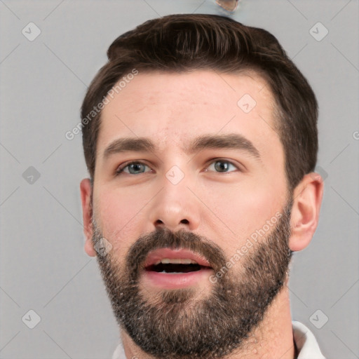 Neutral white young-adult male with short  brown hair and brown eyes