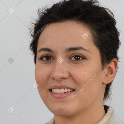 Joyful white young-adult female with short  brown hair and brown eyes