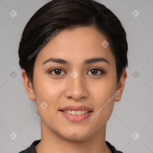 Joyful white young-adult female with short  brown hair and brown eyes