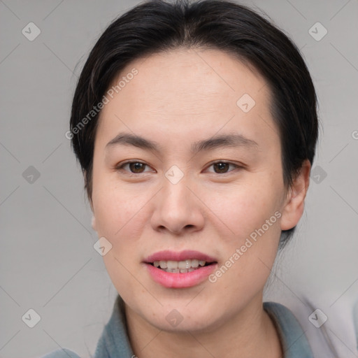 Joyful white young-adult female with medium  brown hair and brown eyes