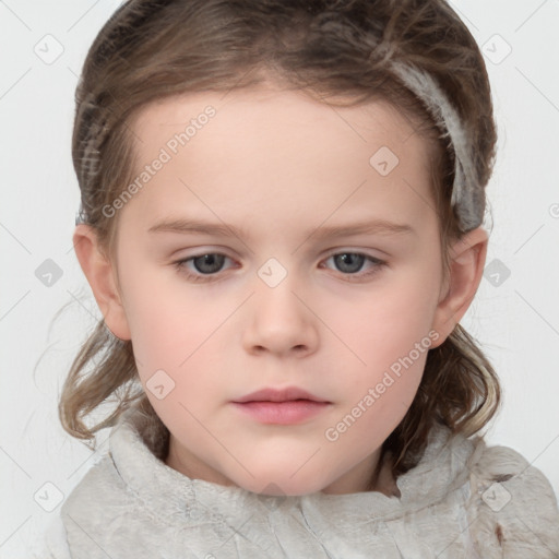 Neutral white child female with medium  brown hair and grey eyes