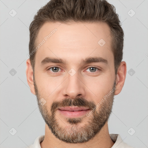 Neutral white young-adult male with short  brown hair and brown eyes