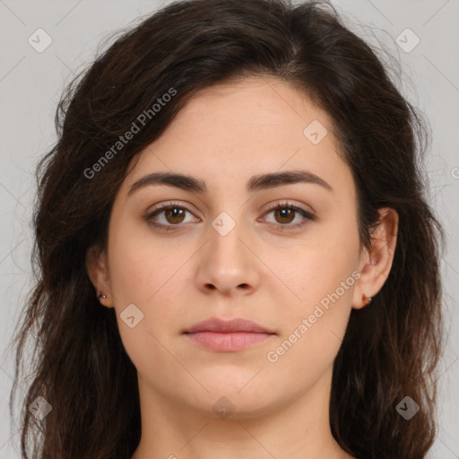 Neutral white young-adult female with long  brown hair and brown eyes