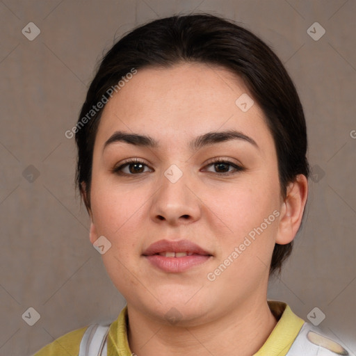 Neutral white young-adult female with short  brown hair and brown eyes