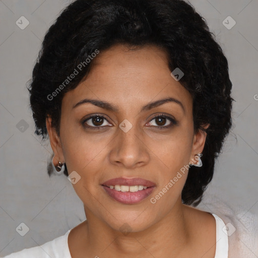 Joyful latino young-adult female with short  black hair and brown eyes