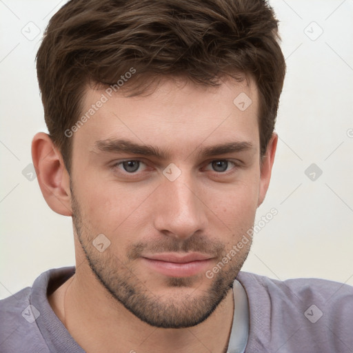 Neutral white young-adult male with short  brown hair and grey eyes