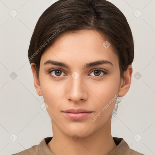 Neutral white young-adult female with short  brown hair and brown eyes