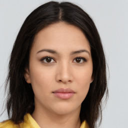 Neutral asian young-adult female with medium  brown hair and brown eyes