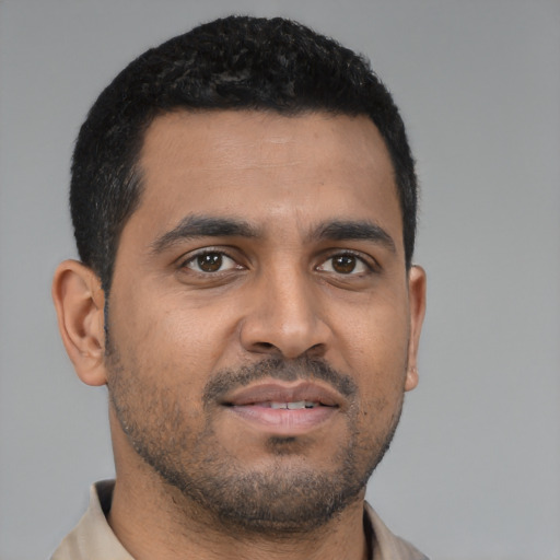 Neutral latino young-adult male with short  black hair and brown eyes