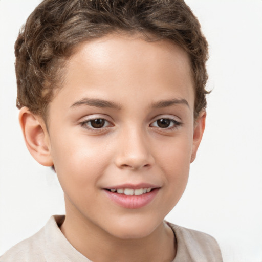 Joyful white child female with short  brown hair and brown eyes