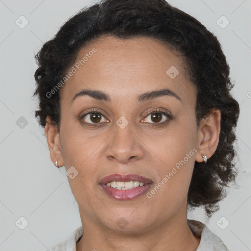 Joyful latino young-adult female with short  brown hair and brown eyes