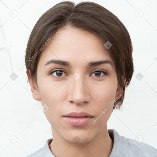 Neutral white young-adult female with short  brown hair and brown eyes