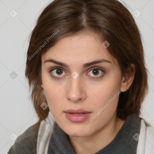 Neutral white young-adult female with medium  brown hair and brown eyes