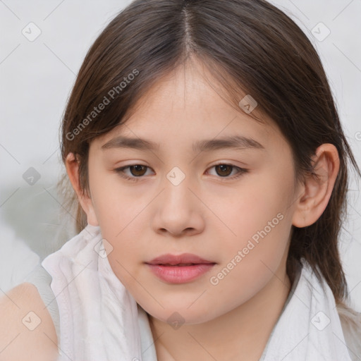 Joyful white child female with medium  brown hair and brown eyes