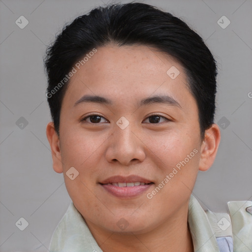 Joyful asian young-adult female with short  brown hair and brown eyes