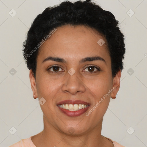 Joyful latino young-adult female with short  brown hair and brown eyes