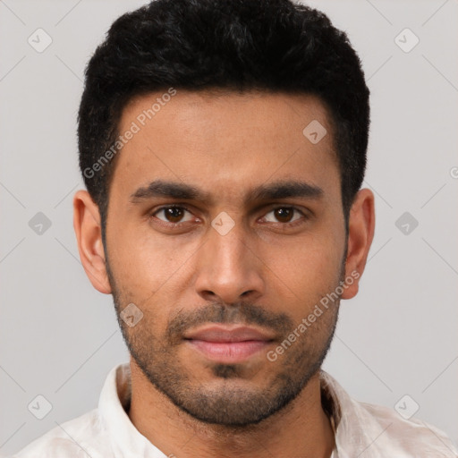 Neutral white young-adult male with short  black hair and brown eyes