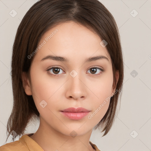 Neutral white young-adult female with medium  brown hair and brown eyes