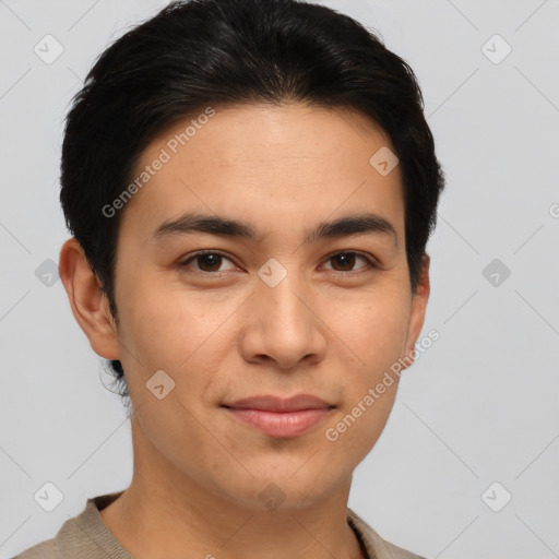 Joyful asian young-adult male with short  brown hair and brown eyes