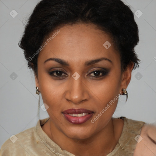 Joyful black young-adult female with short  brown hair and brown eyes