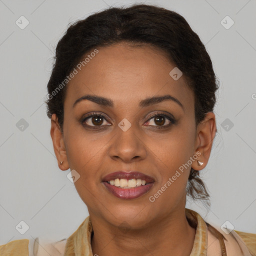 Joyful latino young-adult female with short  brown hair and brown eyes