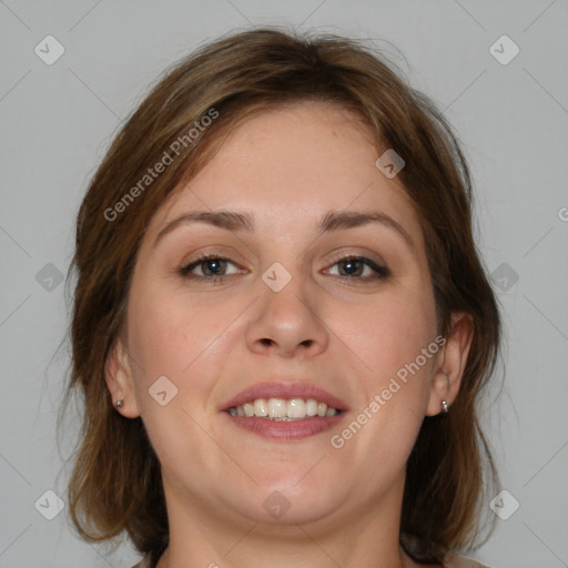 Joyful white young-adult female with medium  brown hair and grey eyes