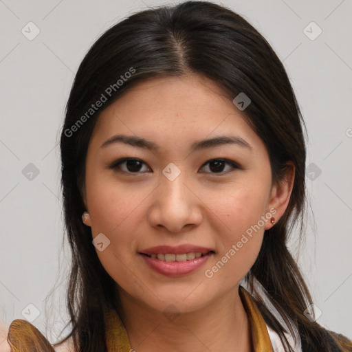 Joyful white young-adult female with long  brown hair and brown eyes