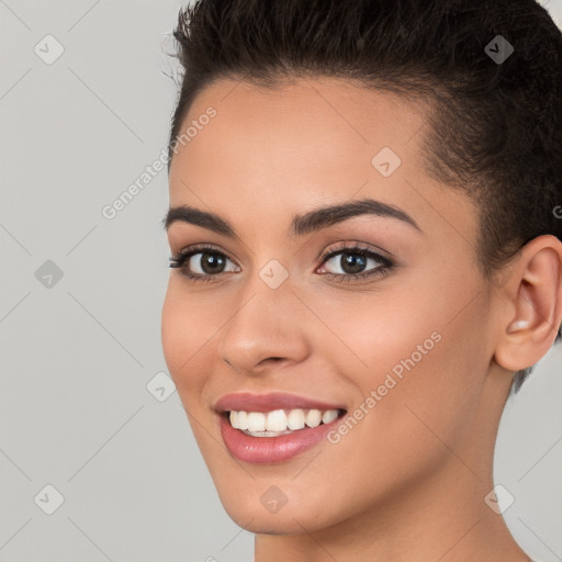 Joyful white young-adult female with short  brown hair and brown eyes