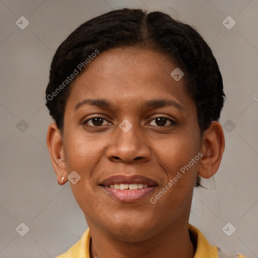 Joyful black young-adult female with short  brown hair and brown eyes