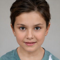 Joyful white child female with short  brown hair and brown eyes