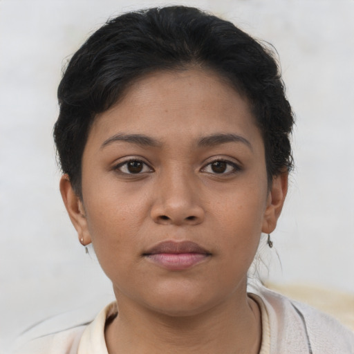 Neutral asian young-adult female with short  brown hair and brown eyes