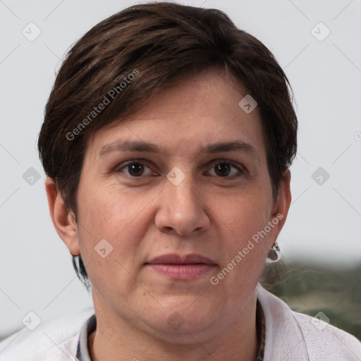 Joyful white adult female with short  brown hair and grey eyes