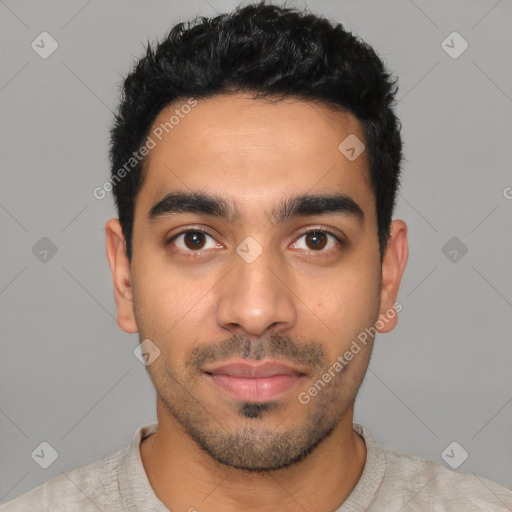 Joyful latino young-adult male with short  black hair and brown eyes