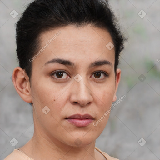 Joyful white young-adult female with short  brown hair and brown eyes